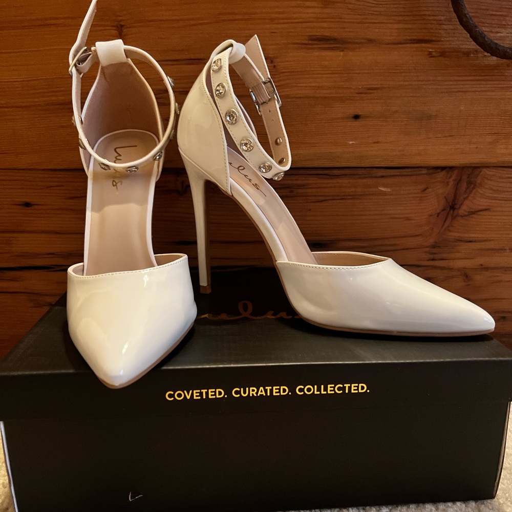 Lulus White Patent Ankle Strap Pointed Toe Pumps